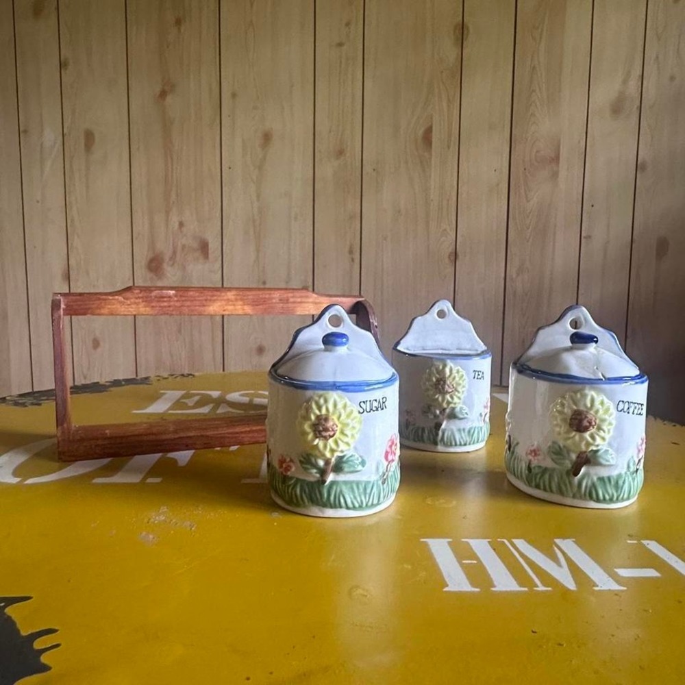Vintage Ceramic Sunflower Canister Set With Wooden Tray Coffee‎ Tea Sugar